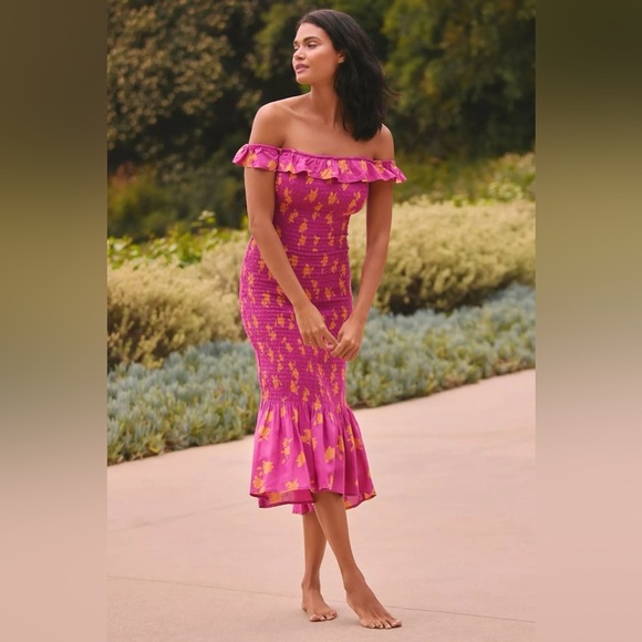 CELANDINE OFF-THE-SHOULDER SMOCKED
MIDI DRESS, Size XL NWT - Picture 3 of 15